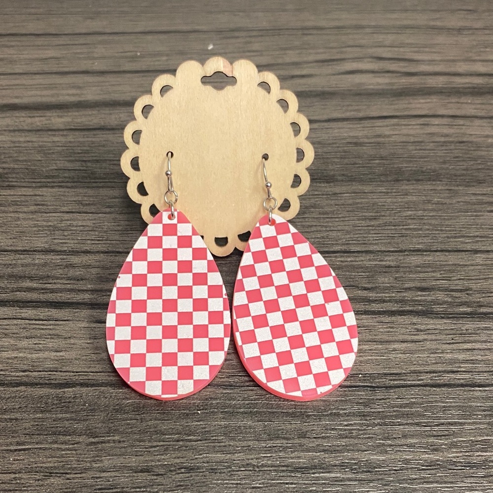 Pink and White Checkered Teardrop Earrings